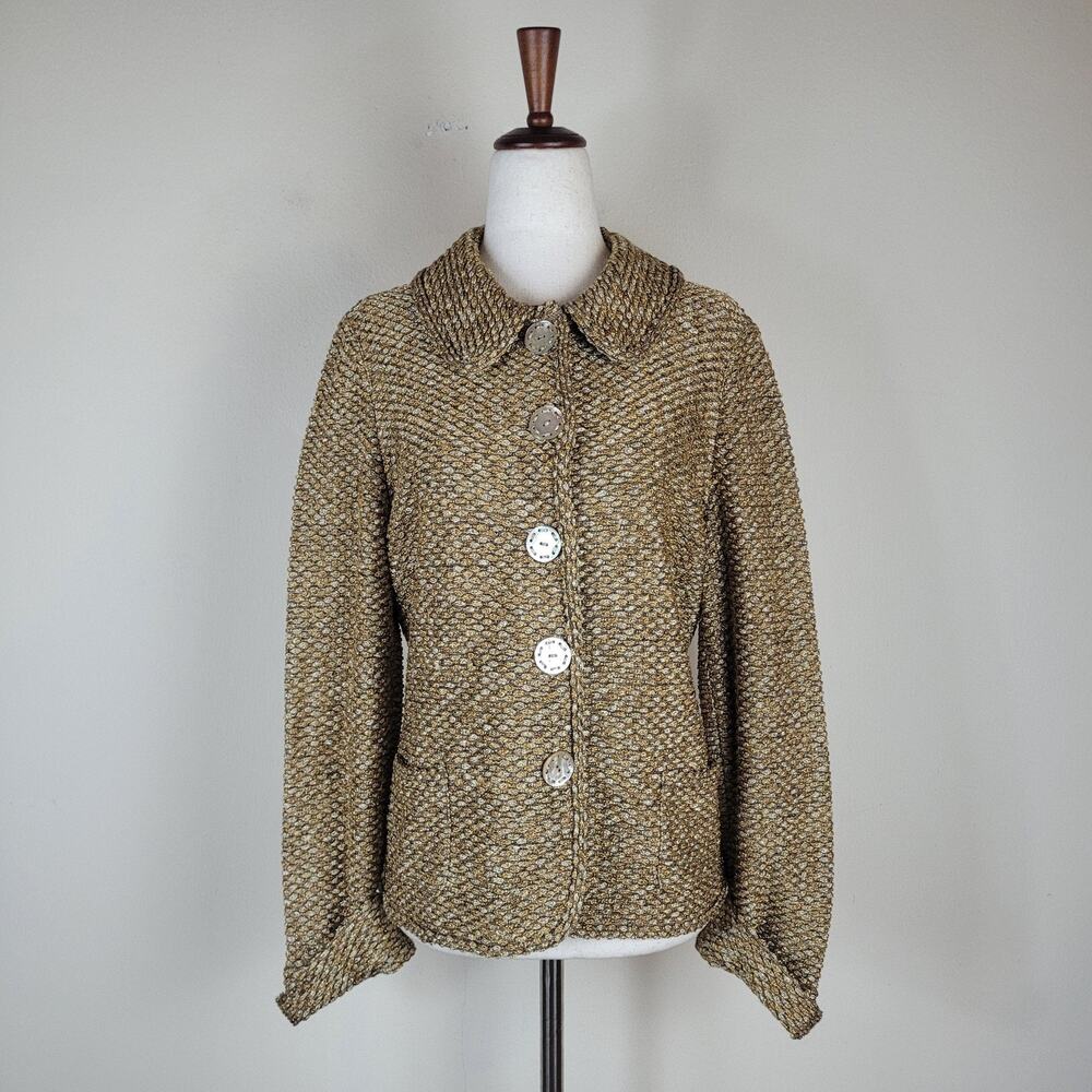 Escada Jacket DE40 Medium Gold Metallic Knit Button Front Cardigan Sweater Cuffs
